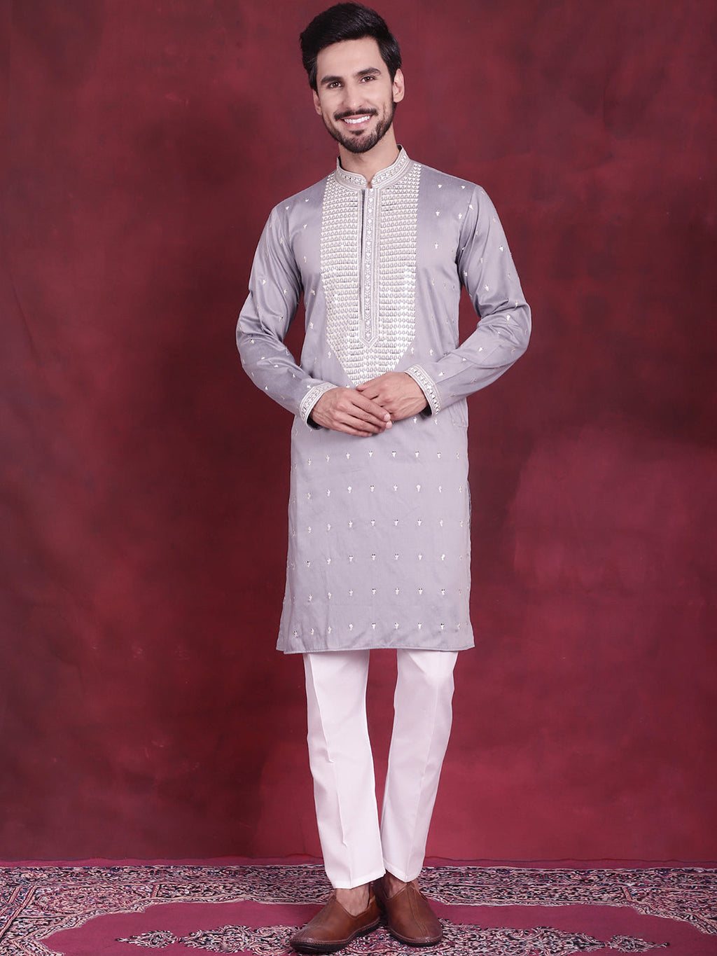 Jompers Men's Sequins Embroidered Kurta Pyjama Set - Grey