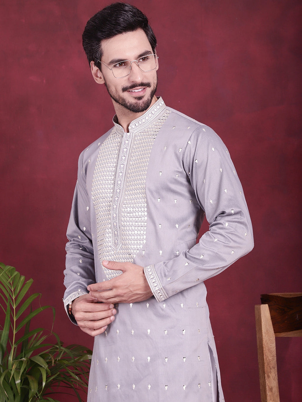 Jompers Men's Sequins Embroidered Kurta Pyjama Set - Grey