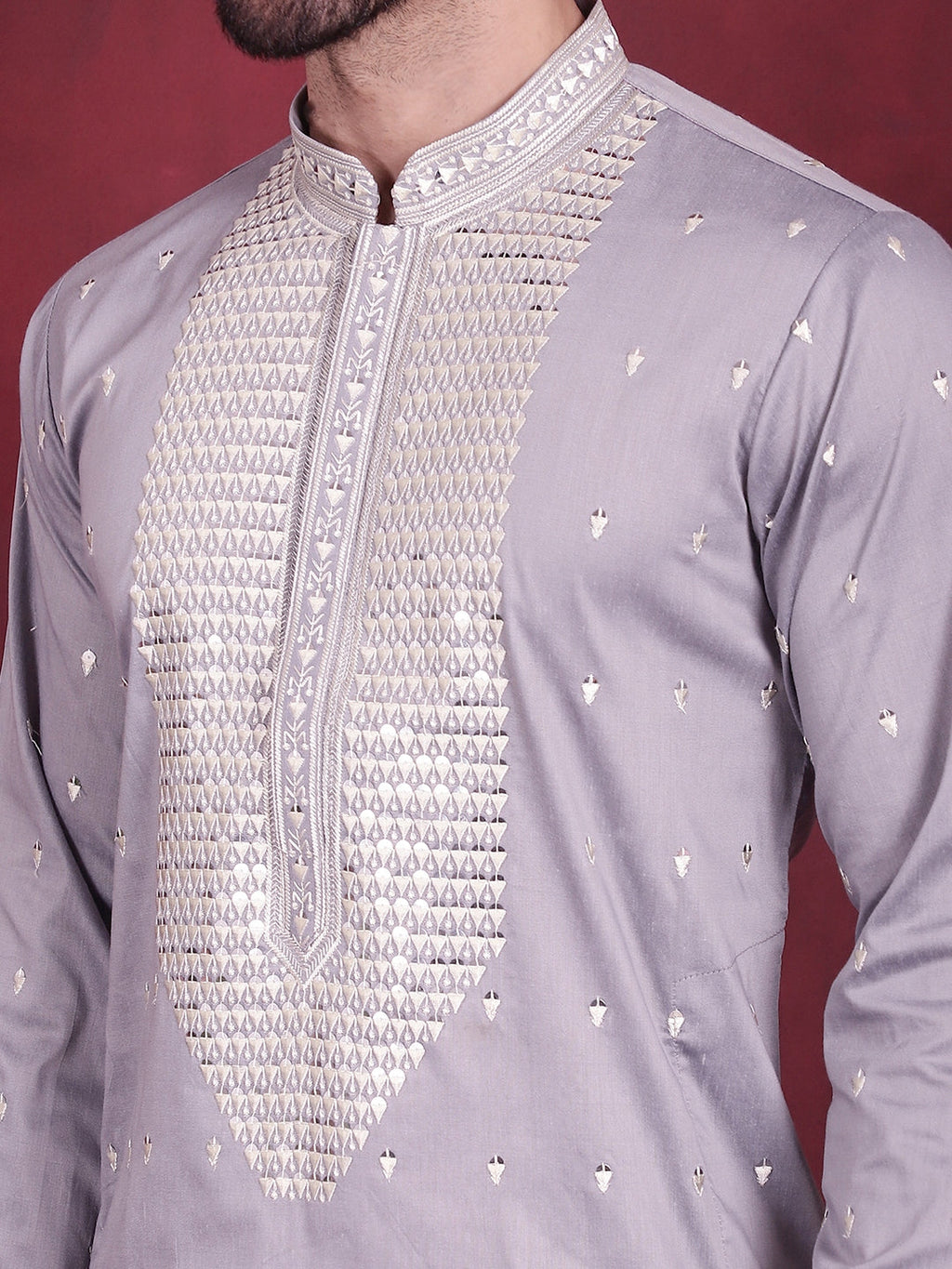 Jompers Men's Sequins Embroidered Kurta Pyjama Set - Grey