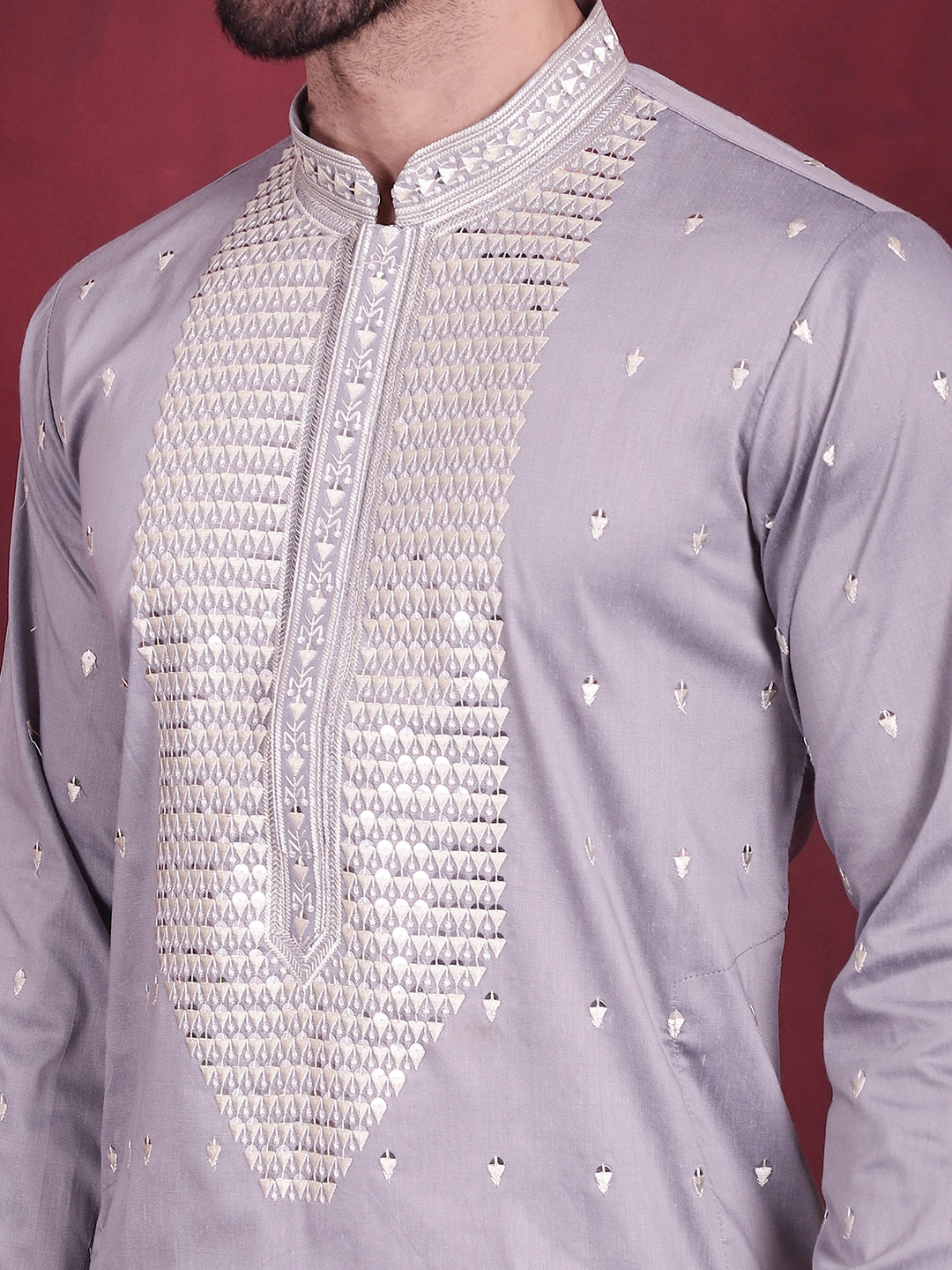 Jompers Men's Sequins Embroidered Kurta Pyjama Set - Grey