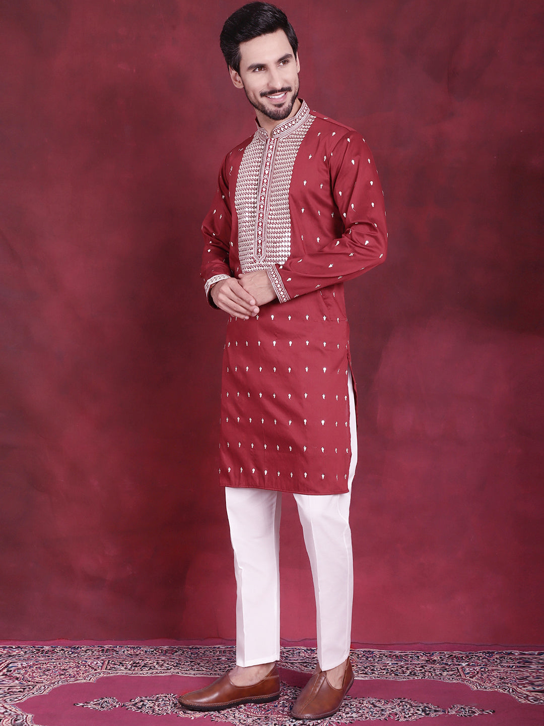 Jompers Men's Sequins Embroidered Kurta Pyjama Set - Maroon