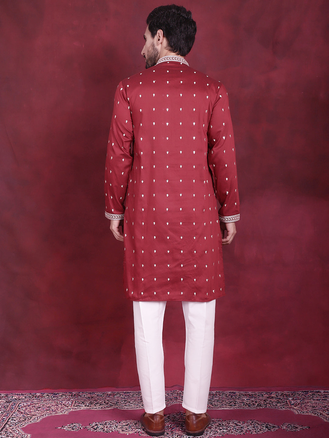 Jompers Men's Sequins Embroidered Kurta Pyjama Set - Maroon
