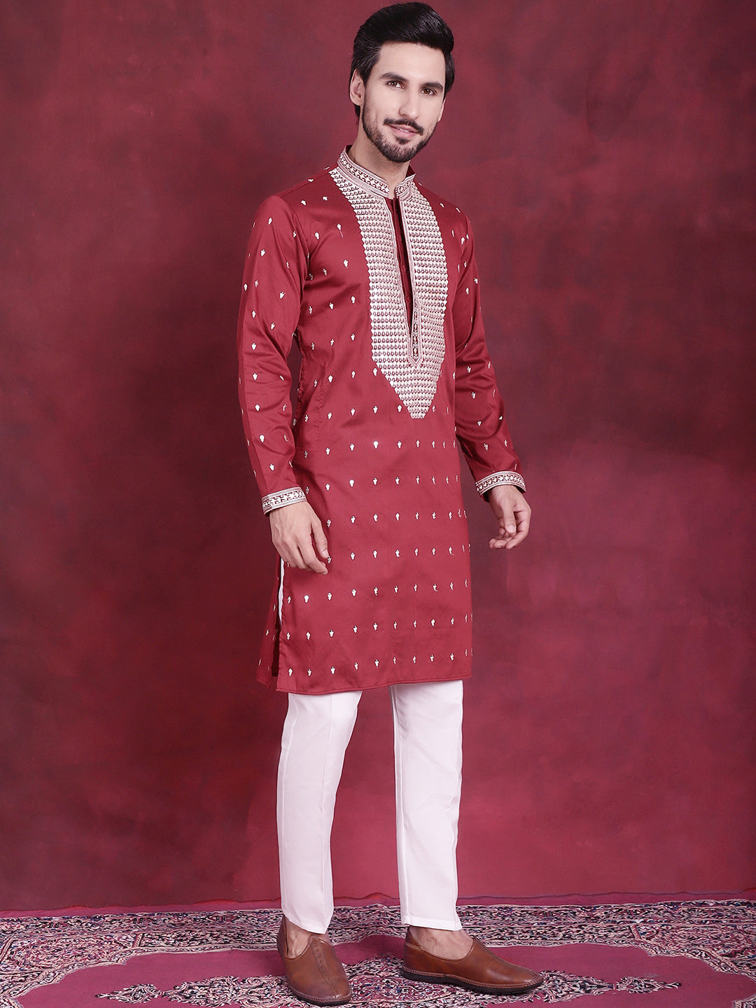 Jompers Men's Sequins Embroidered Kurta Pyjama Set - Maroon