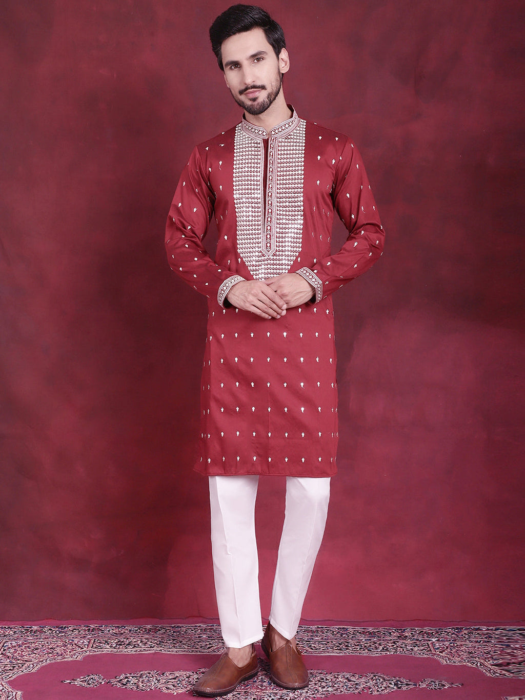 Jompers Men's Sequins Embroidered Kurta Pyjama Set - Maroon