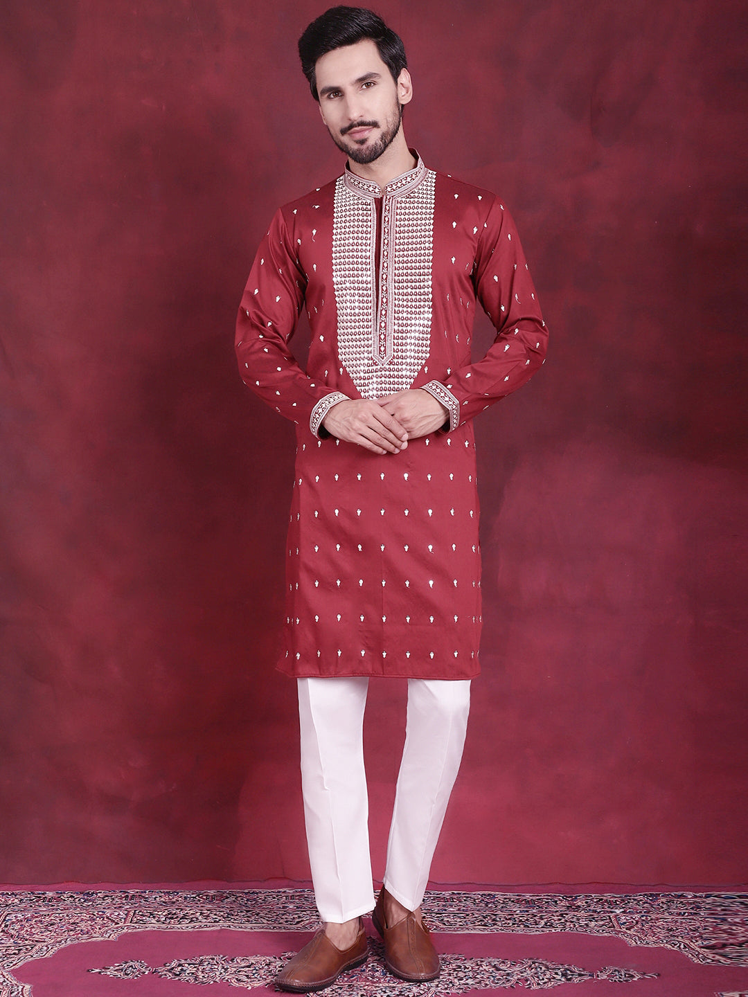 Jompers Men's Sequins Embroidered Kurta Pyjama Set - Maroon