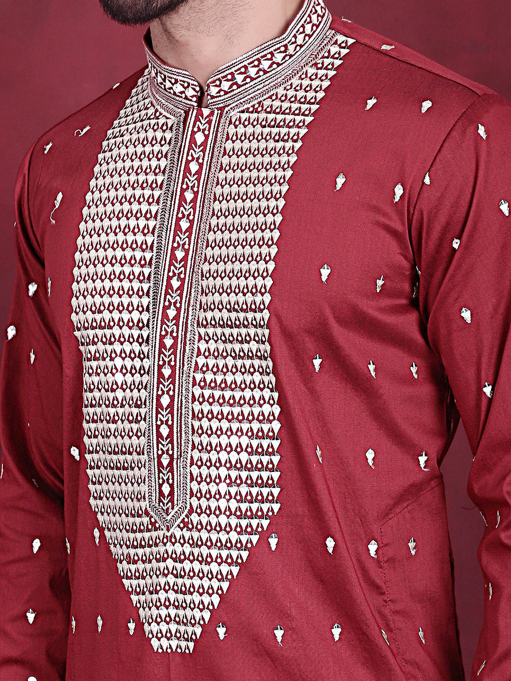 Jompers Men's Sequins Embroidered Kurta Pyjama Set - Maroon