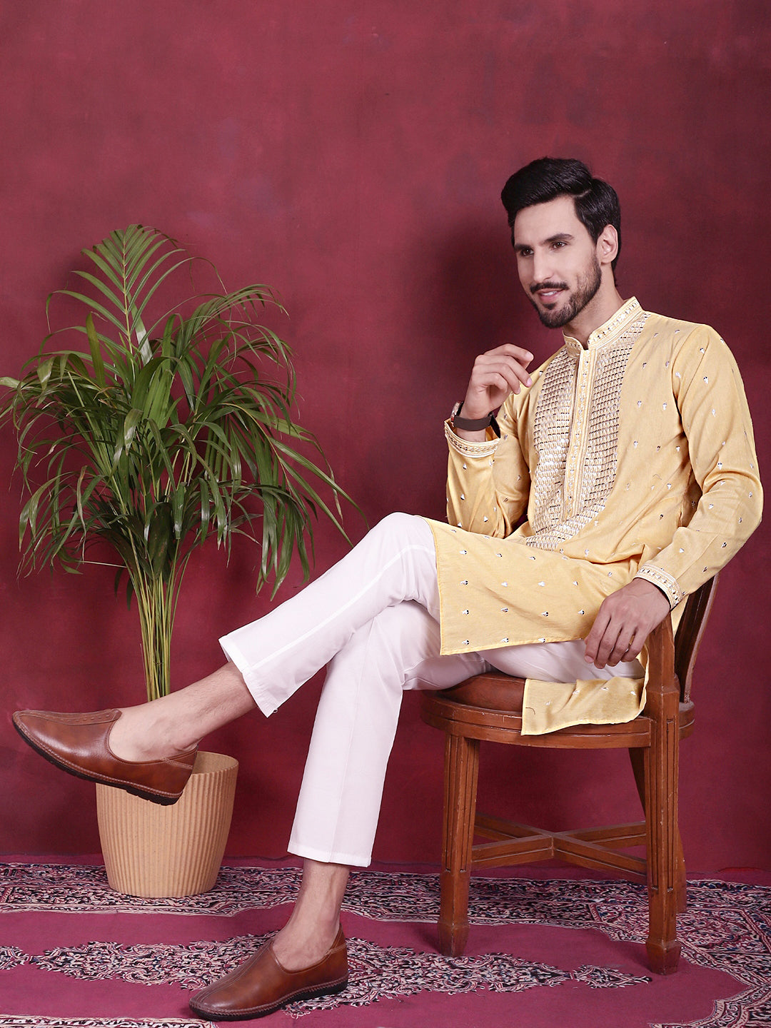 Jompers Men's Sequins Embroidered Kurta Pyjama Set - Yellow