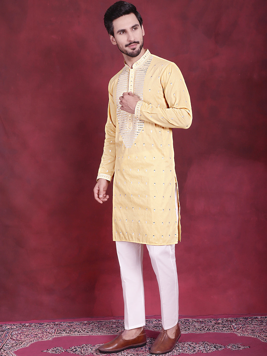 Jompers Men's Sequins Embroidered Kurta Pyjama Set - Yellow