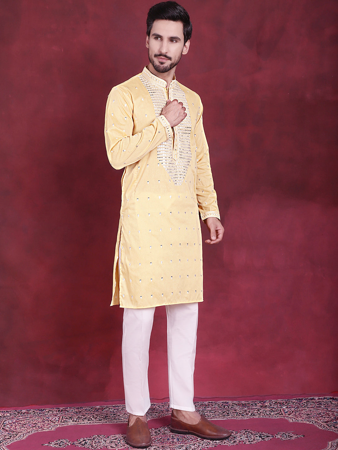 Jompers Men's Sequins Embroidered Kurta Pyjama Set - Yellow