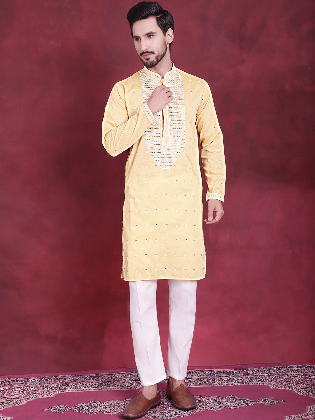 Jompers Men's Sequins Embroidered Kurta Pyjama Set - Yellow