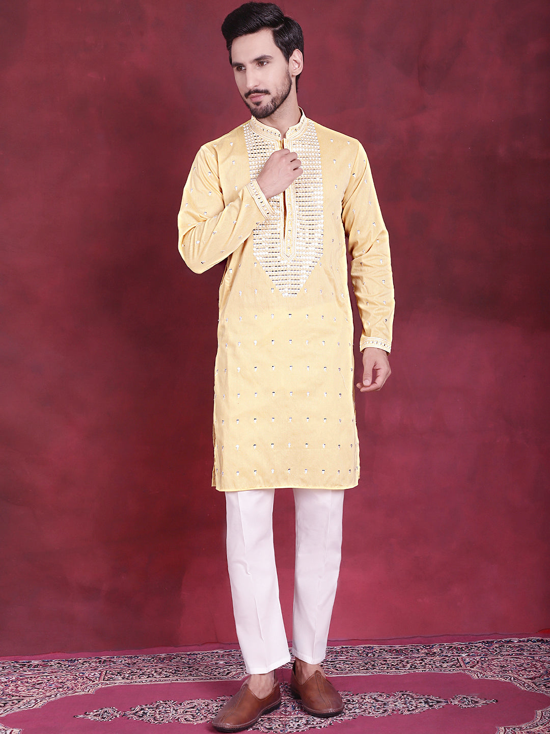 Jompers Men's Sequins Embroidered Kurta Pyjama Set - Yellow