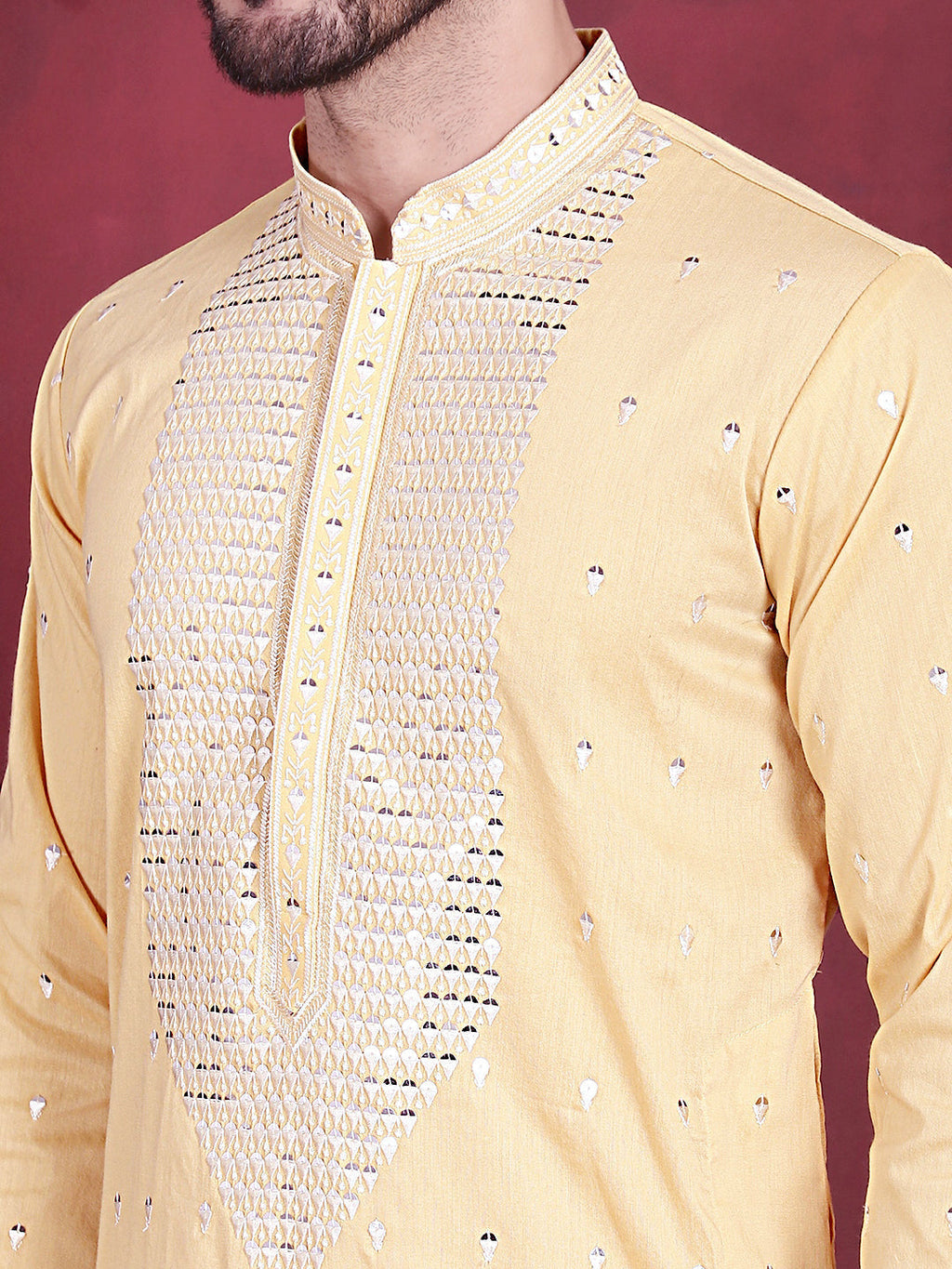 Jompers Men's Sequins Embroidered Kurta Pyjama Set - Yellow