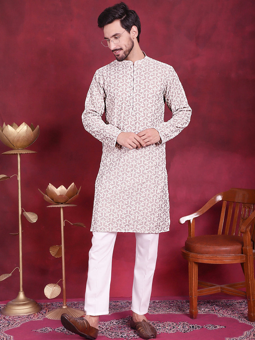 Jompers Men's Chikankari Embroidered Kurta Pyjama Set - Grey