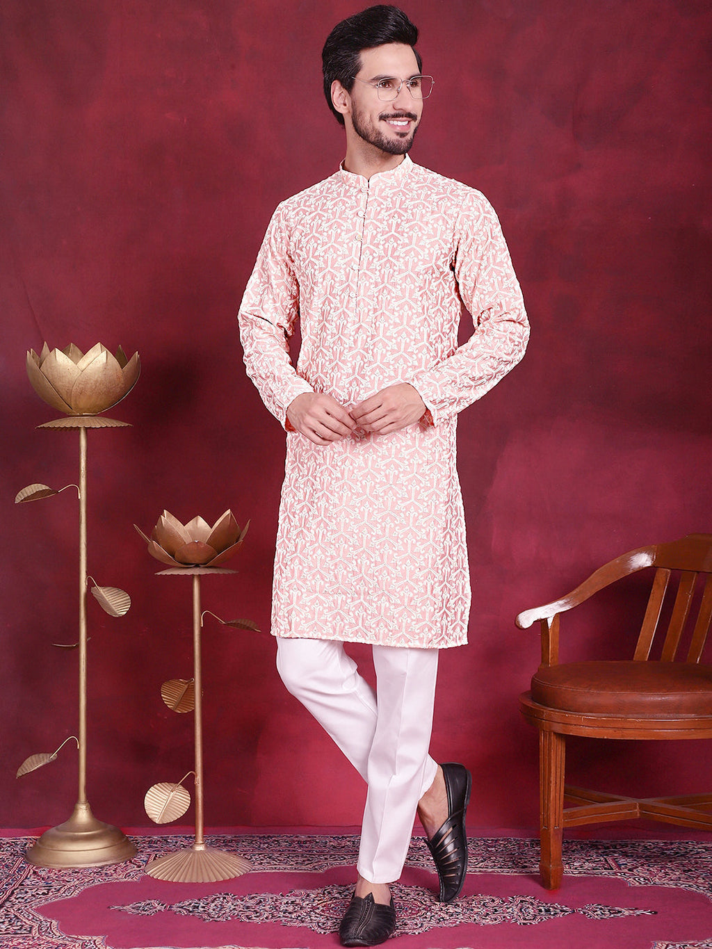 Jompers Men's Chikankari Embroidered Kurta Pyjama Set - Pink