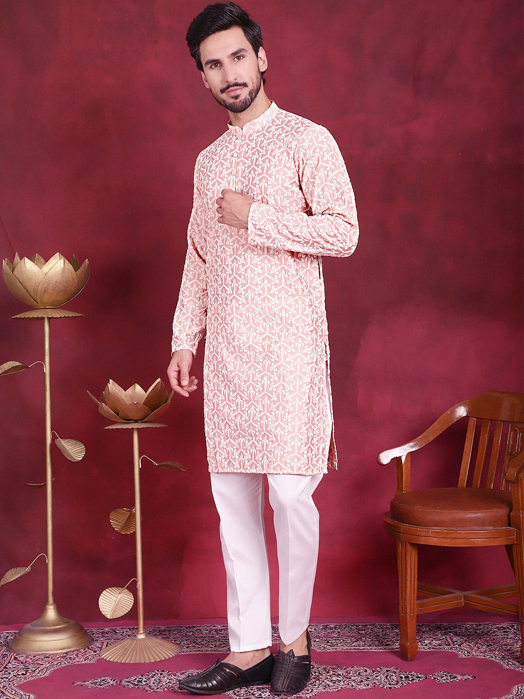 Jompers Men's Chikankari Embroidered Kurta Pyjama Set - Pink