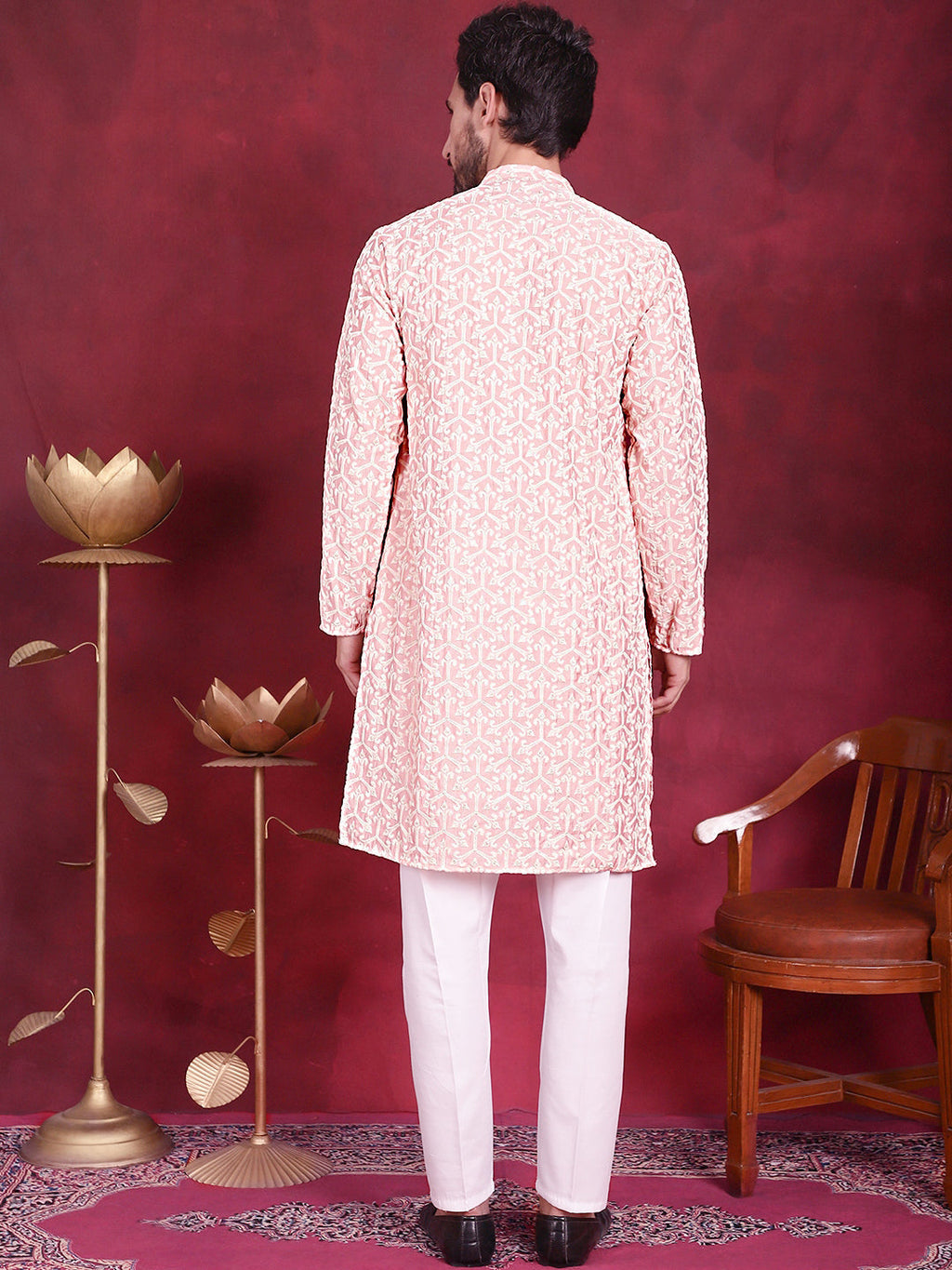Jompers Men's Chikankari Embroidered Kurta Pyjama Set - Pink