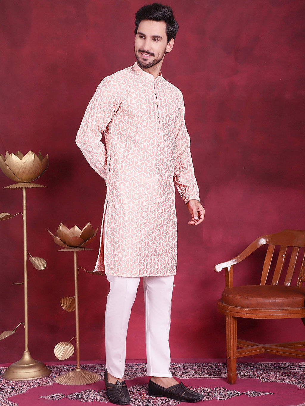 Jompers Men's Chikankari Embroidered Kurta Pyjama Set - Pink