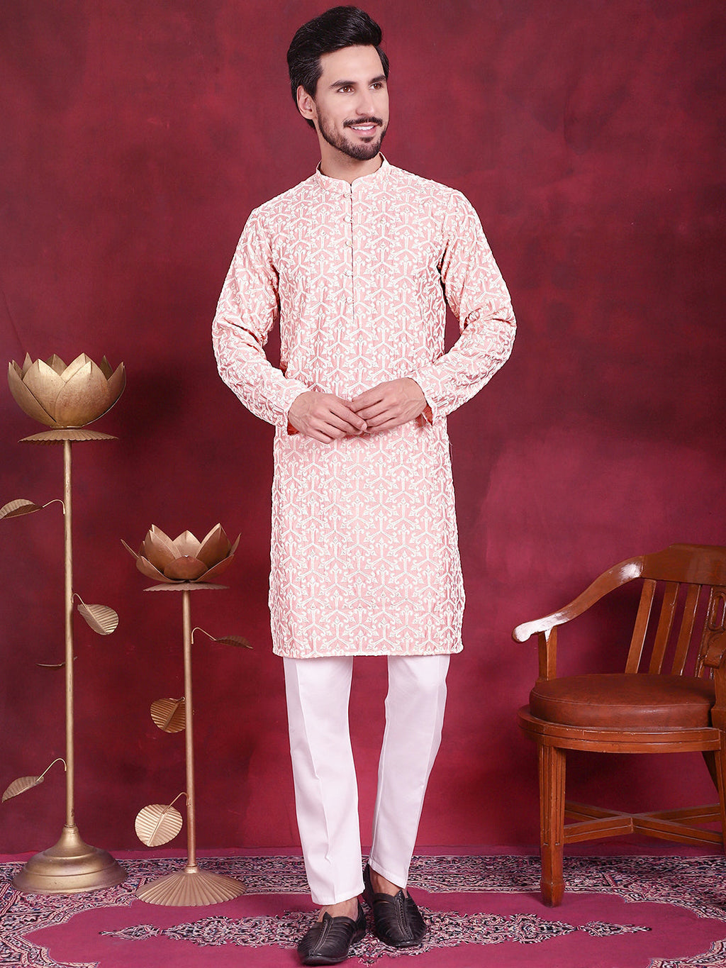 Jompers Men's Chikankari Embroidered Kurta Pyjama Set - Pink