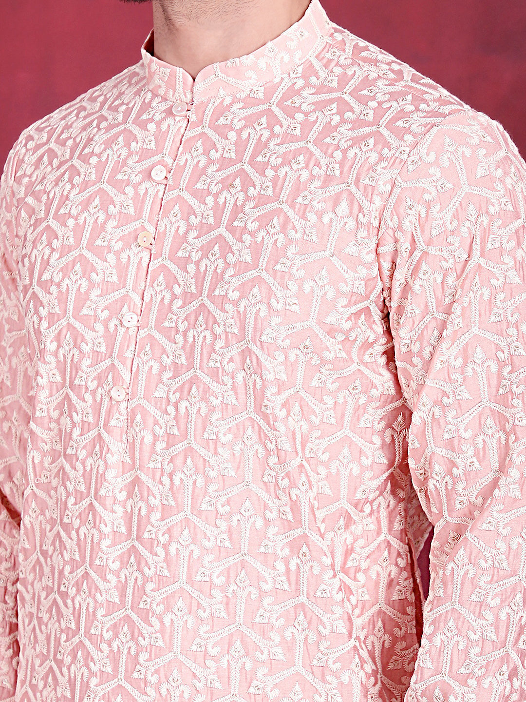 Jompers Men's Chikankari Embroidered Kurta Pyjama Set - Pink