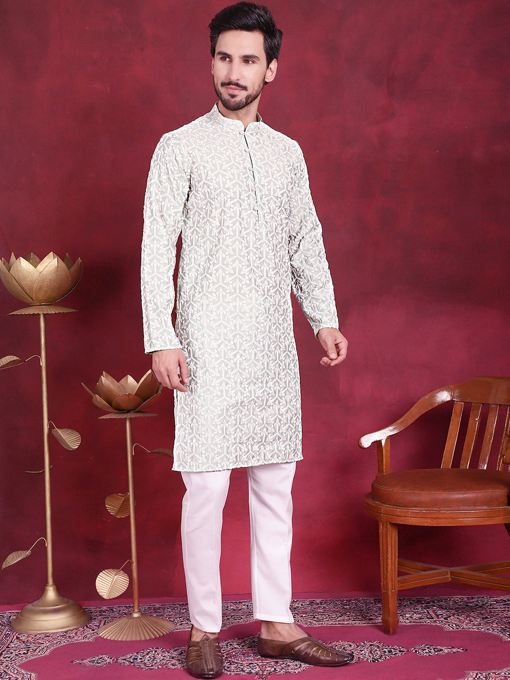 Jompers Men's Chikankari Embroidered Kurta Pyjama Set - Pista