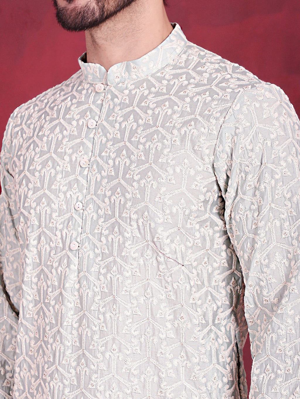 Jompers Men's Chikankari Embroidered Kurta Pyjama Set - Pista