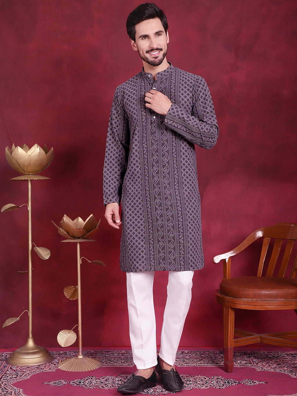 Jompers Men's Chikankari Embroidered Kurta Pyjama Set - Grey