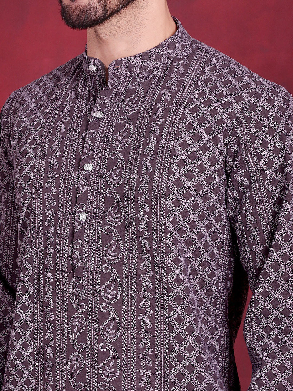 Jompers Men's Chikankari Embroidered Kurta Pyjama Set - Grey