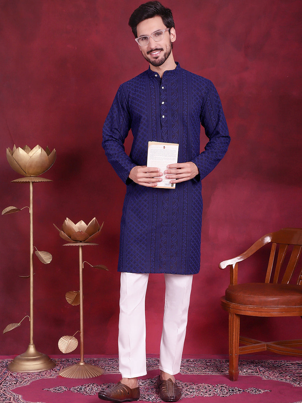 Jompers Men's Chikankari Embroidered Kurta Pyjama Set - Navy Blue