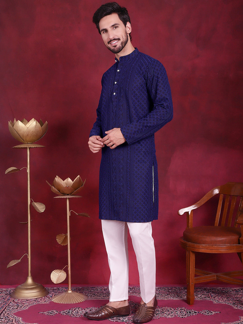 Jompers Men's Chikankari Embroidered Kurta Pyjama Set - Navy Blue