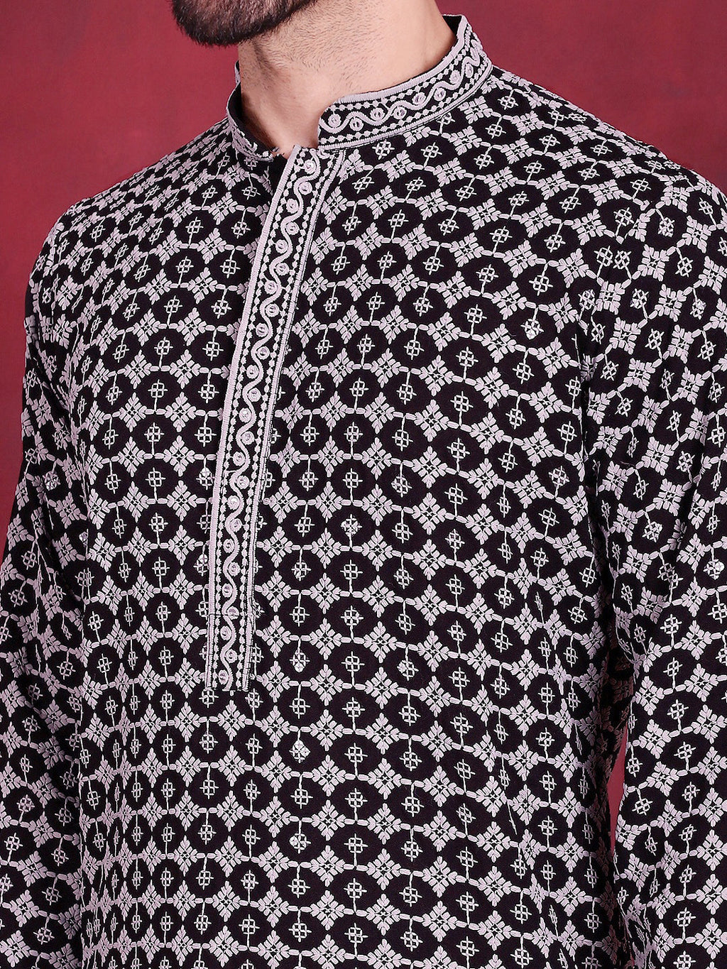 Jompers Men's Sequins Embroidered Kurta with Pyjama - Grey