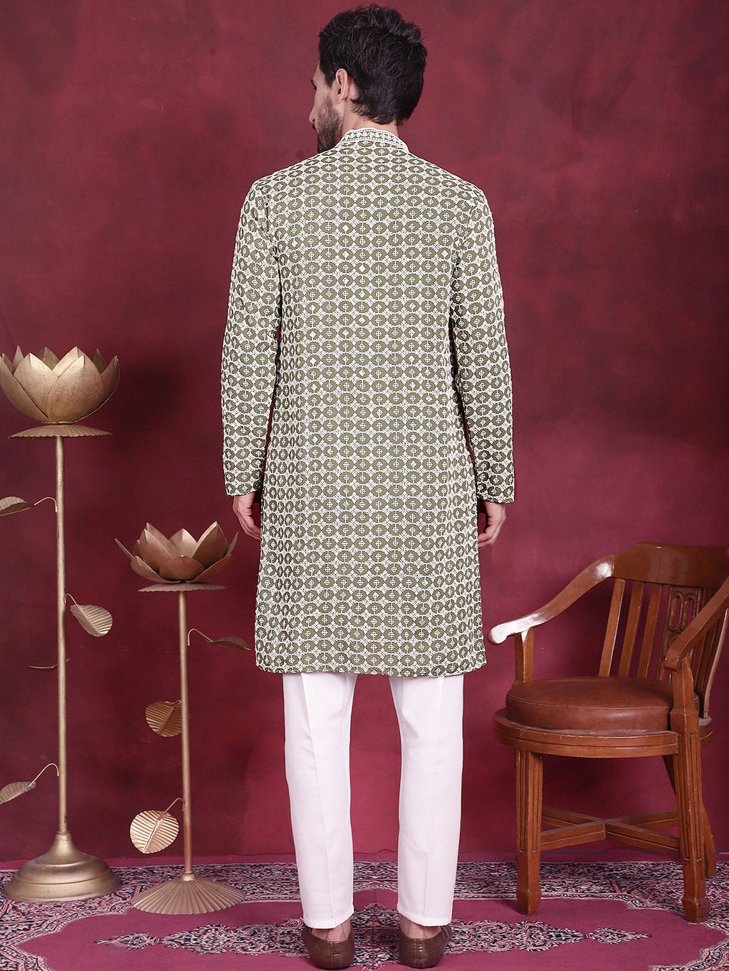 Jompers Men's Sequins Embroidered Kurta with Pyjama - Mehndi