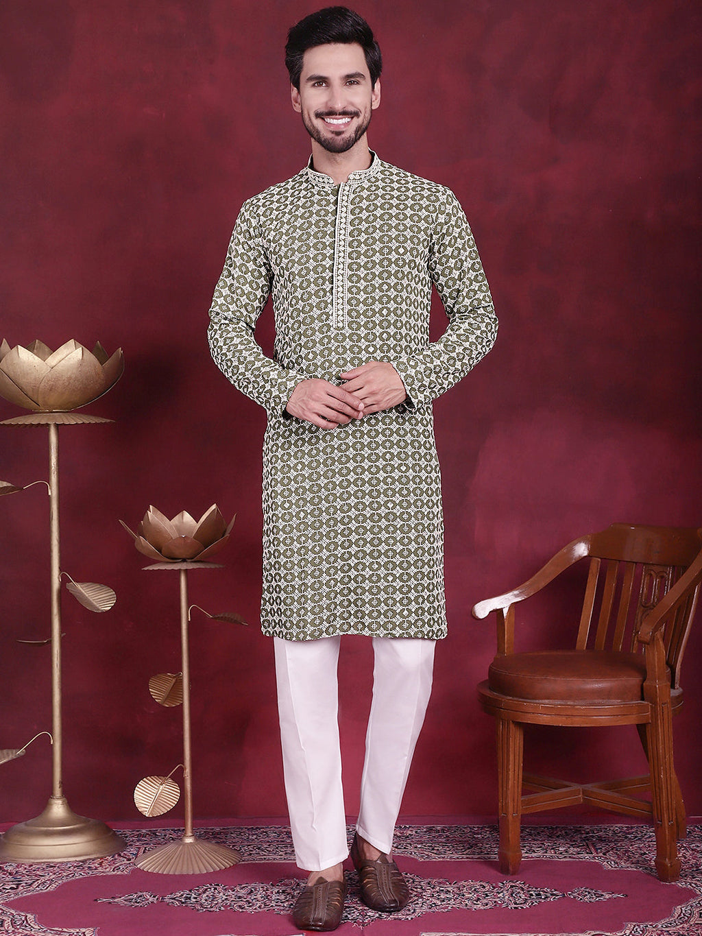 Jompers Men's Sequins Embroidered Kurta with Pyjama - Mehndi