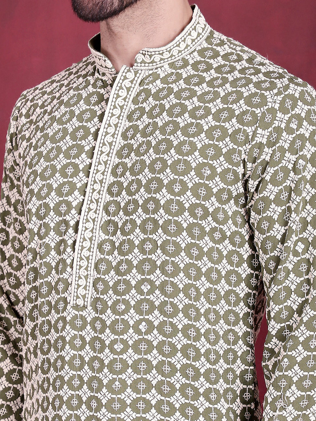 Jompers Men's Sequins Embroidered Kurta with Pyjama - Mehndi