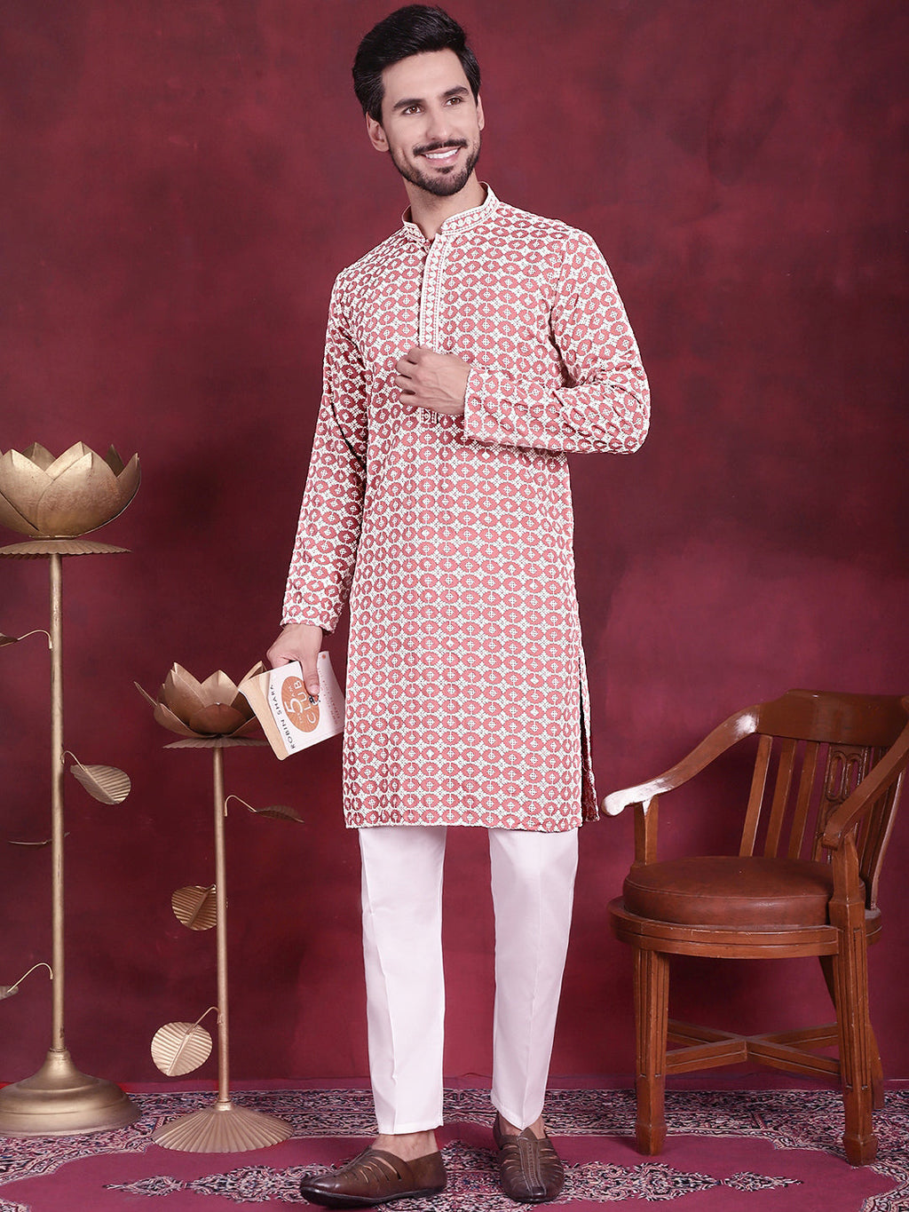 Jompers Men's Sequins Embroidered Kurta with Pyjama - Peach