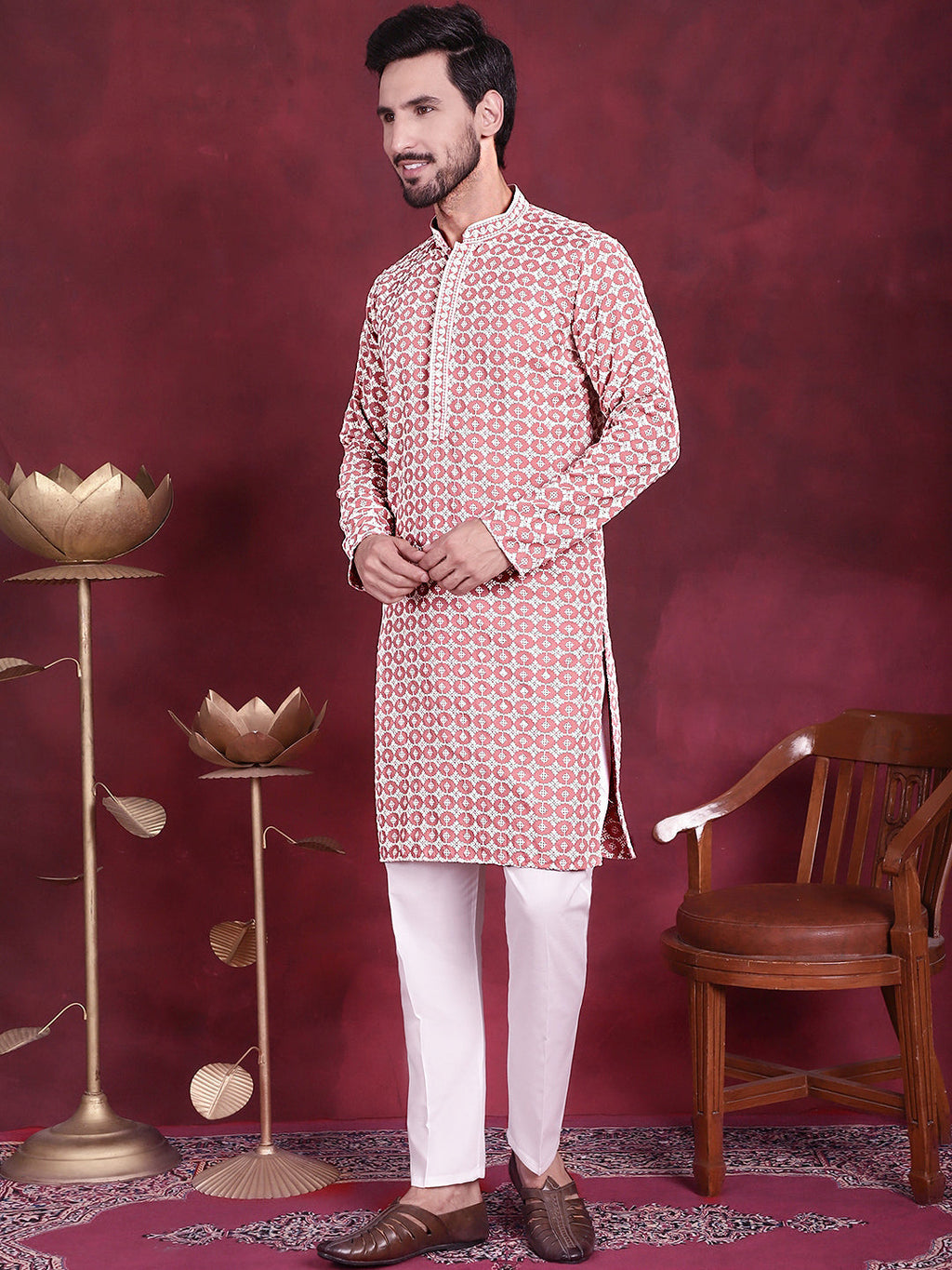 Jompers Men's Sequins Embroidered Kurta with Pyjama - Peach