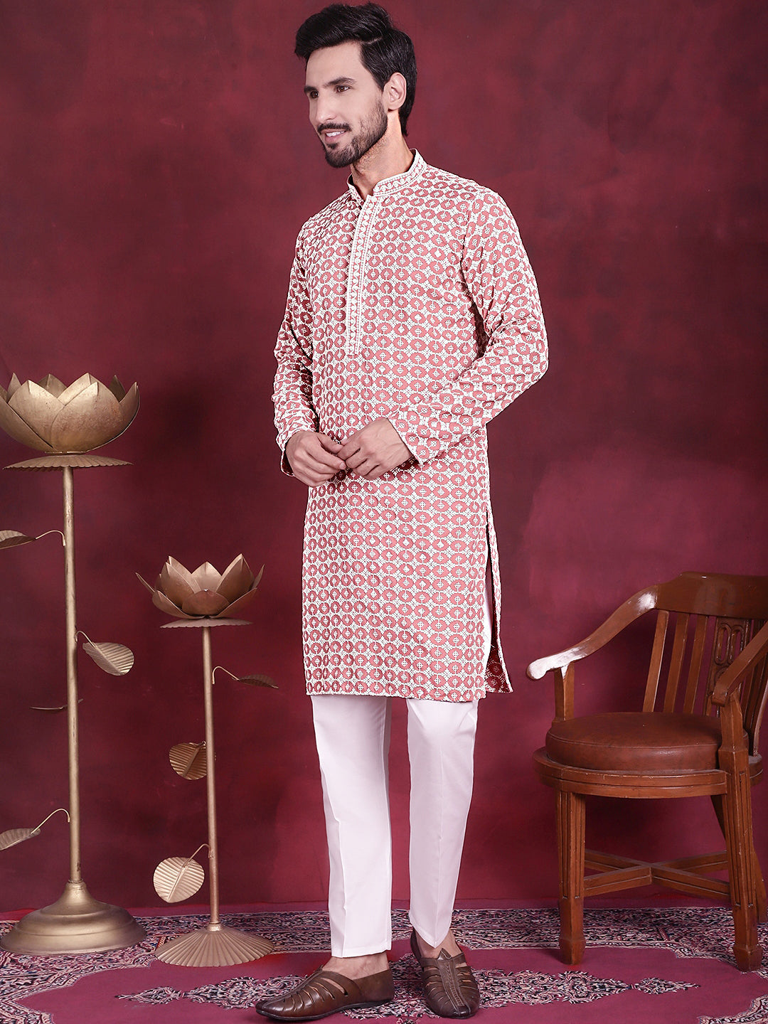 Jompers Men's Sequins Embroidered Kurta with Pyjama - Peach