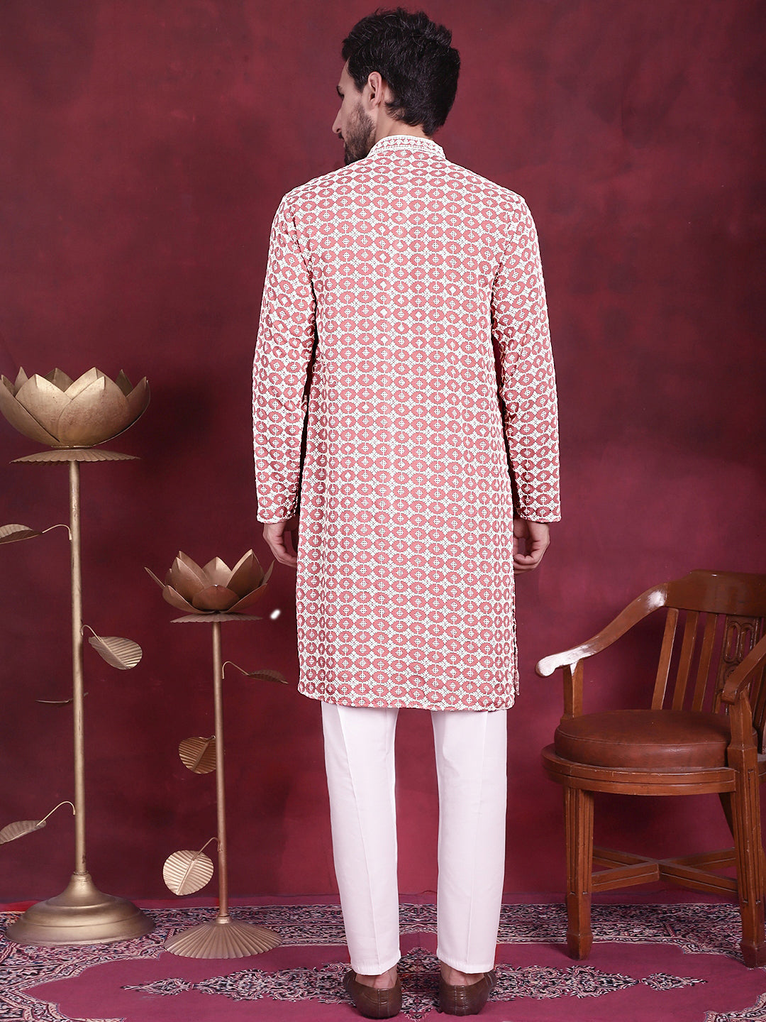 Jompers Men's Sequins Embroidered Kurta with Pyjama - Peach