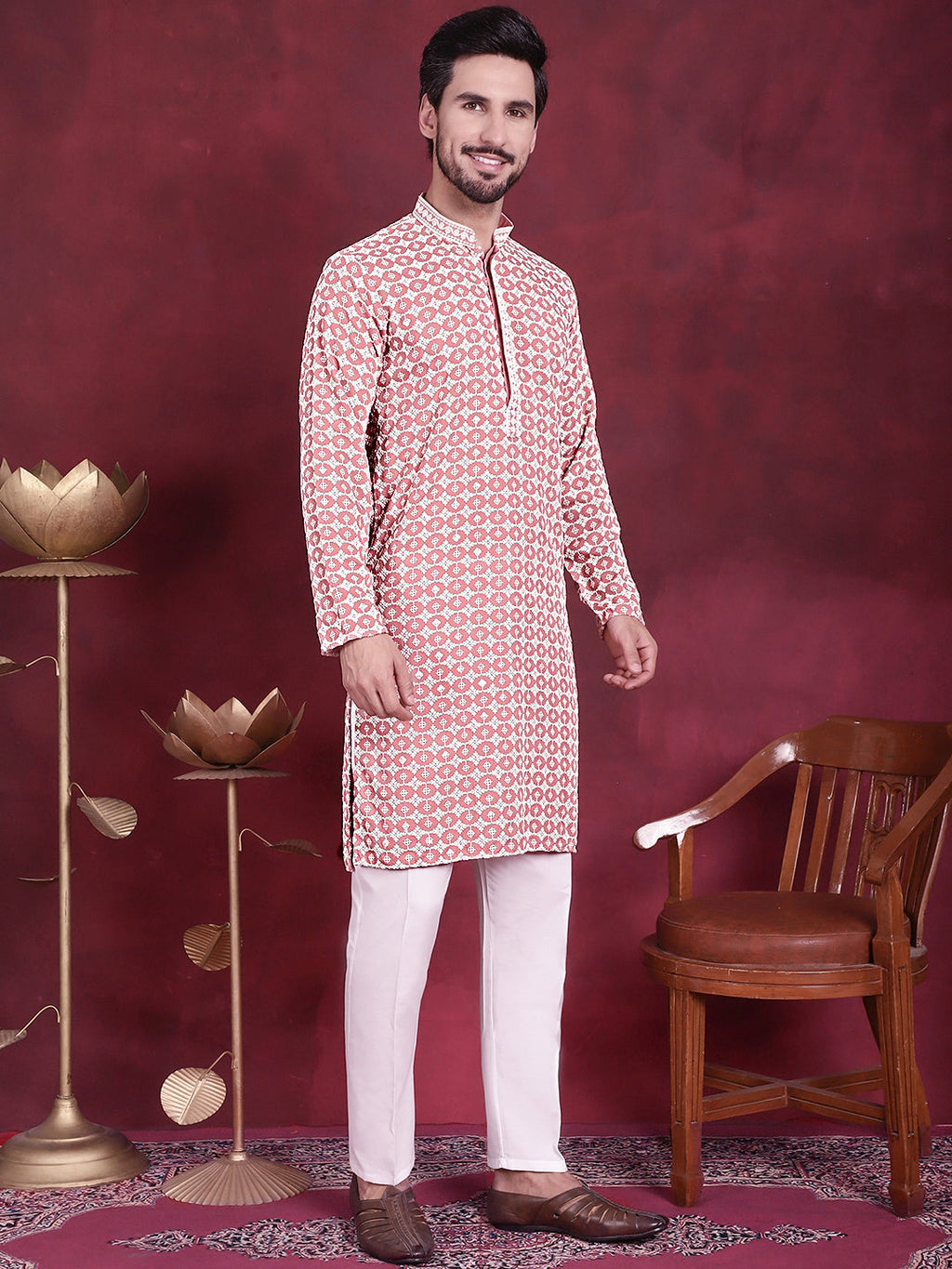 Jompers Men's Sequins Embroidered Kurta with Pyjama - Peach