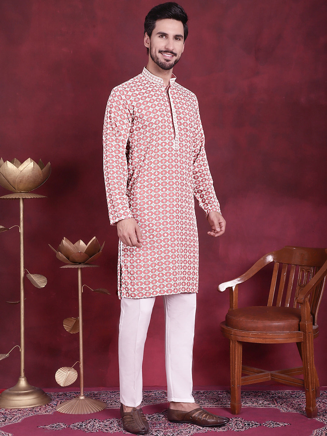 Jompers Men's Sequins Embroidered Kurta with Pyjama - Peach