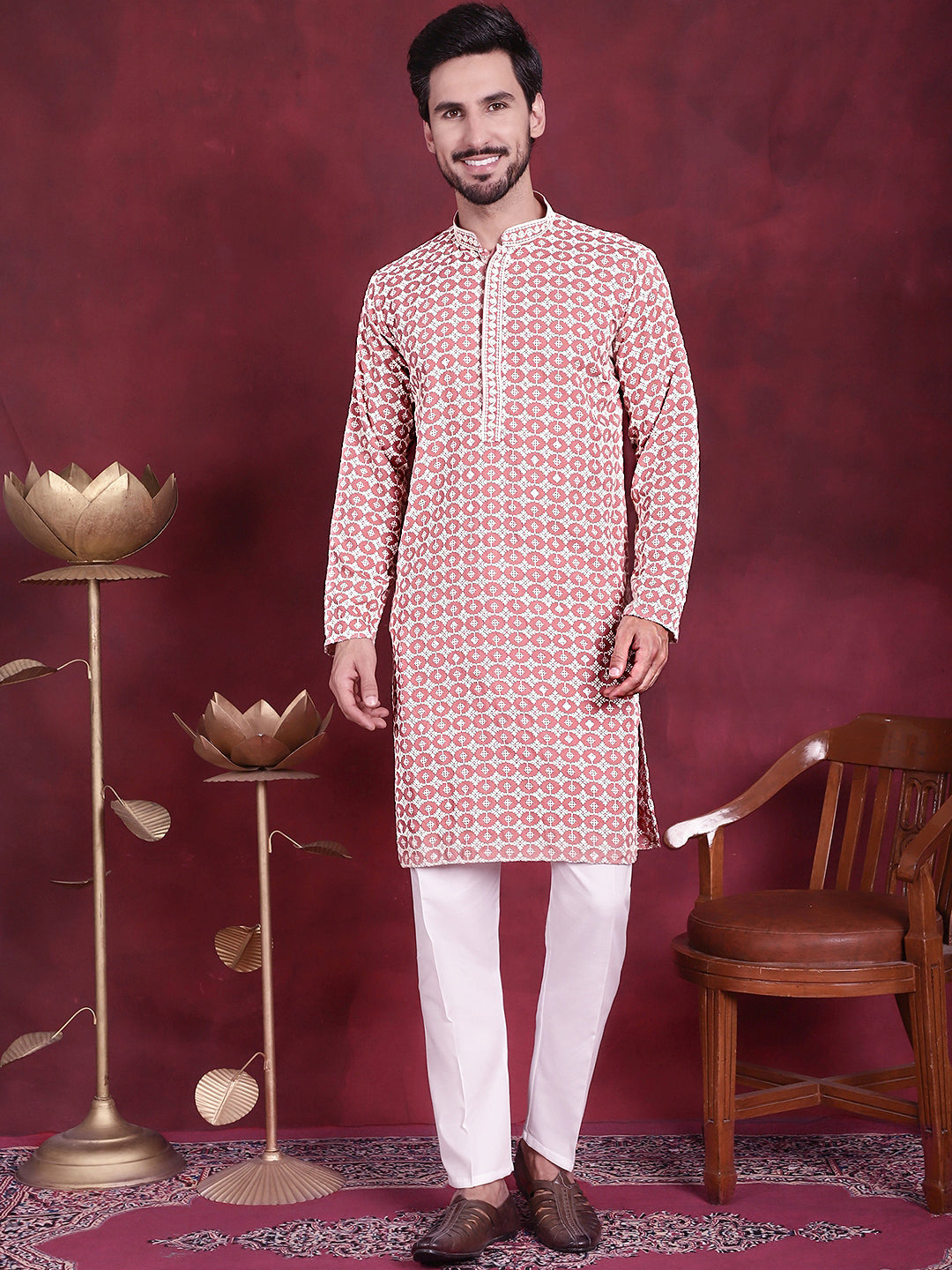 Jompers Men's Sequins Embroidered Kurta with Pyjama - Peach