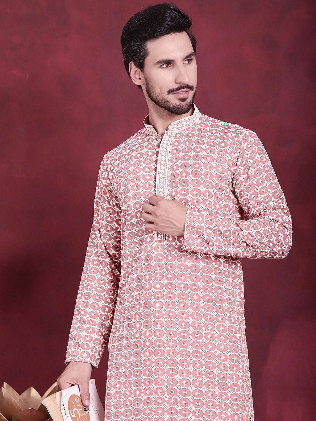 Jompers Men's Sequins Embroidered Kurta with Pyjama - Peach