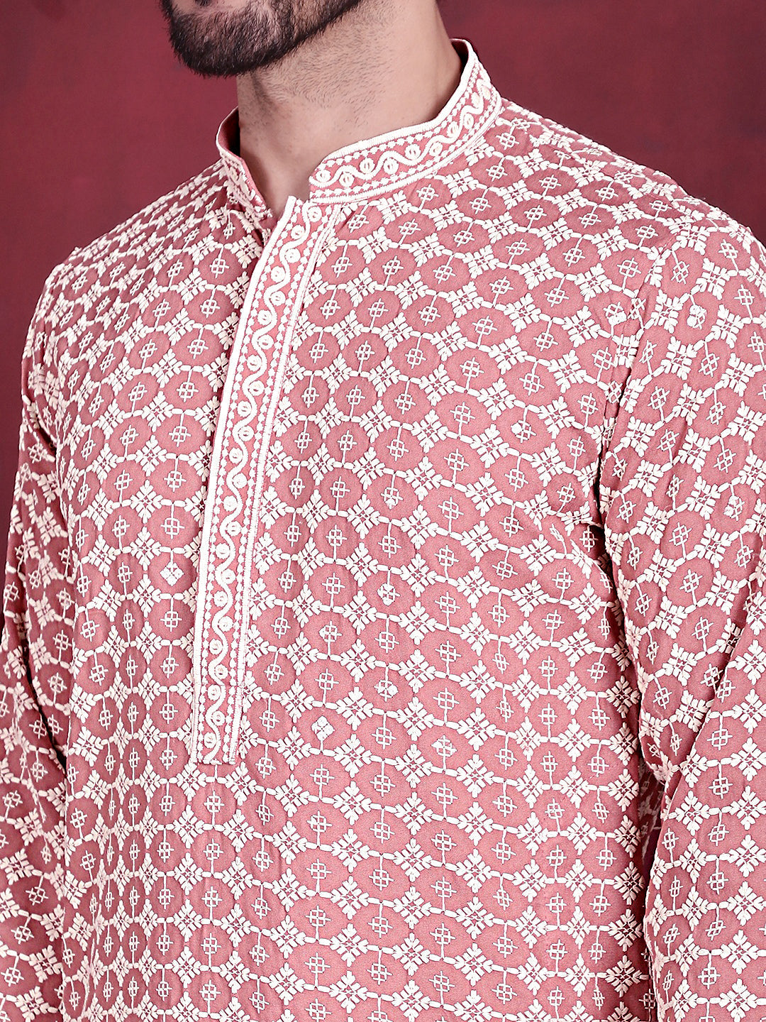Jompers Men's Sequins Embroidered Kurta with Pyjama - Peach