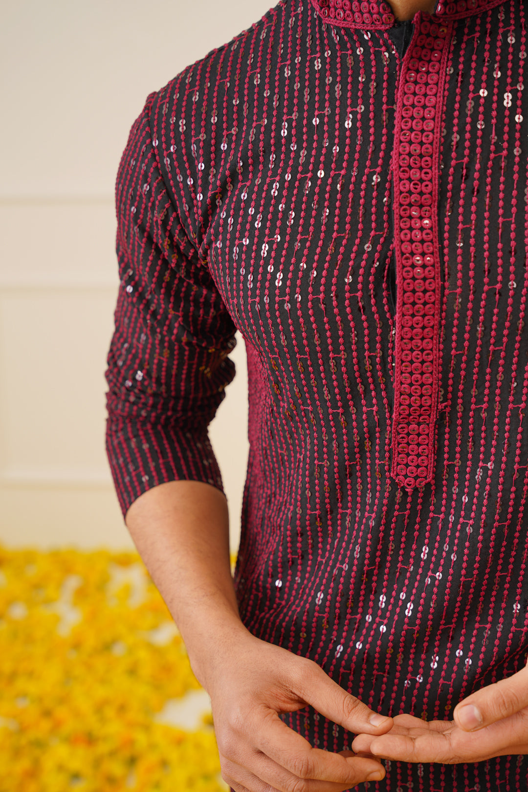 Jompers Men's Sequins Chikankari Embroidered Kurta with Pyjama - Maroon
