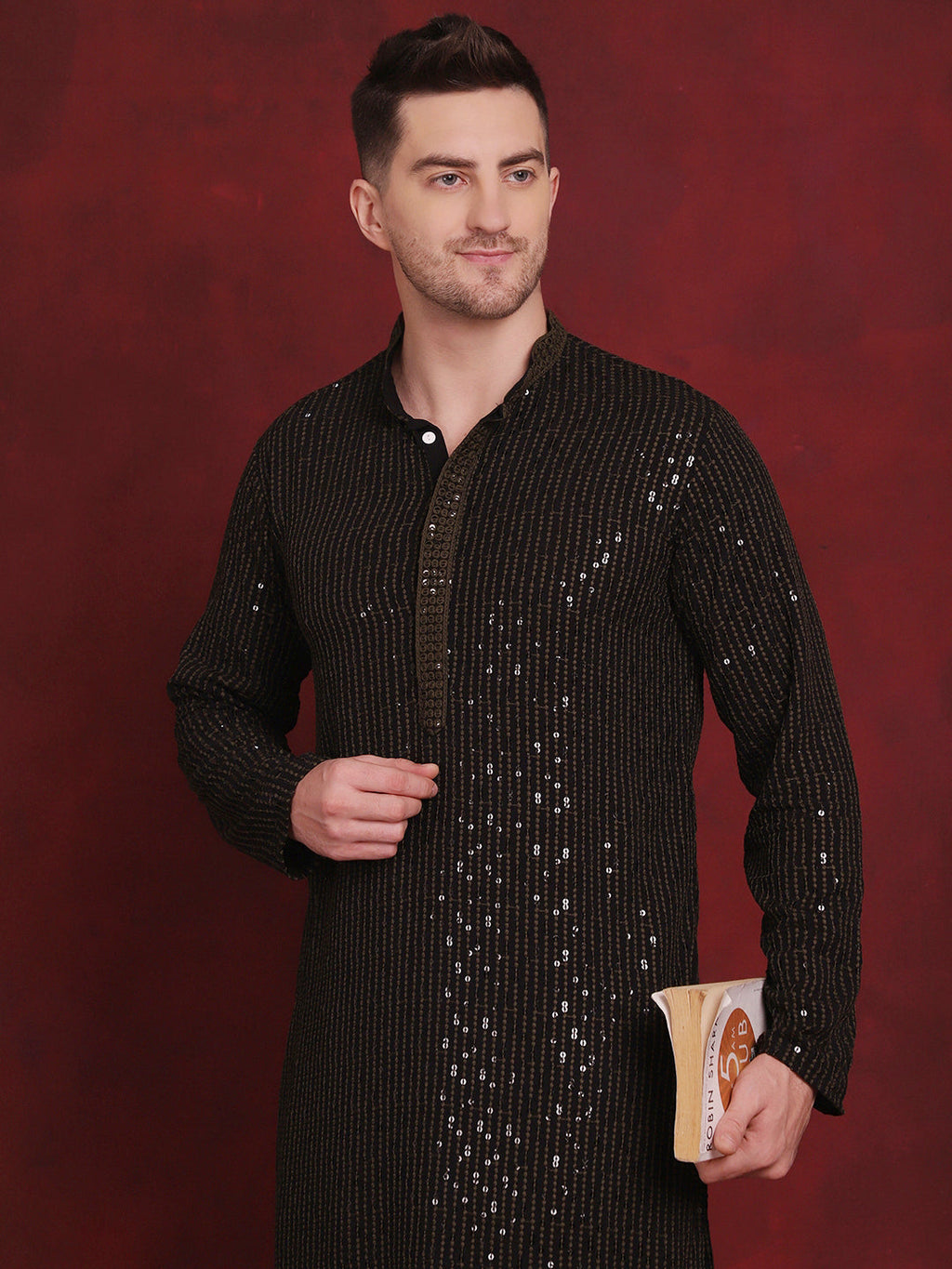 Jompers Men's Sequins Chikankari Embroidered Kurta with Pyjama - Olive