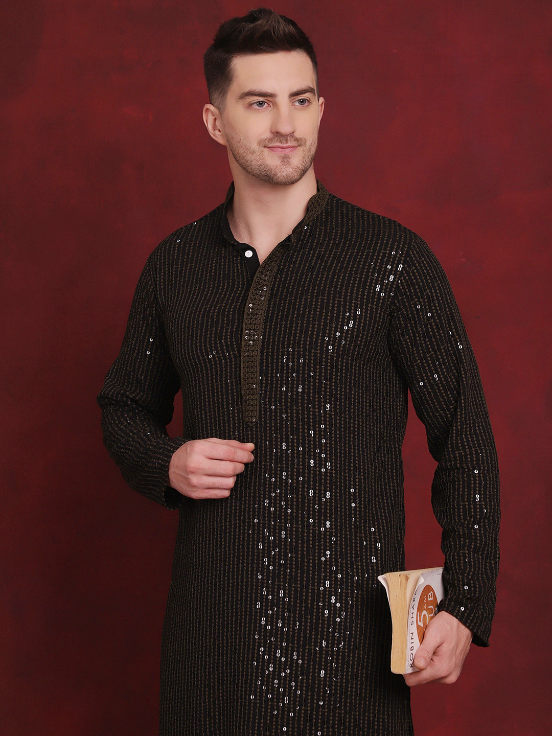 Jompers Men's Sequins Chikankari Embroidered Kurta with Pyjama - Olive