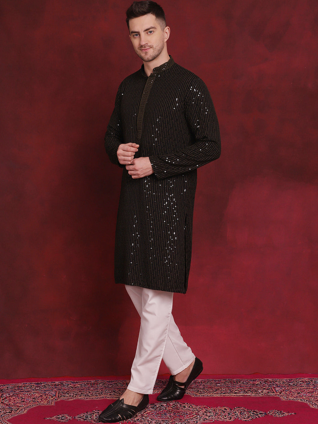 Jompers Men's Sequins Chikankari Embroidered Kurta with Pyjama - Olive