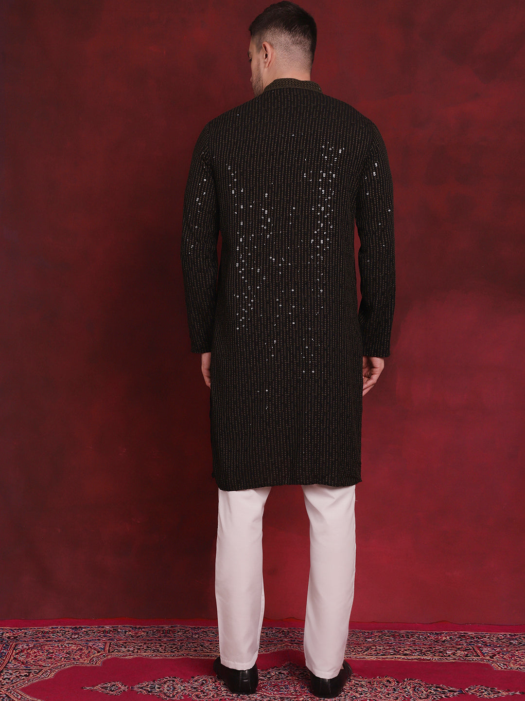 Jompers Men's Sequins Chikankari Embroidered Kurta with Pyjama - Olive