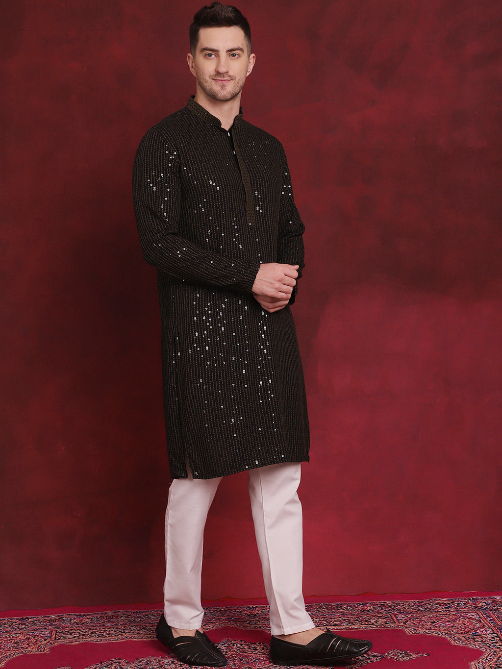 Jompers Men's Sequins Chikankari Embroidered Kurta with Pyjama - Olive