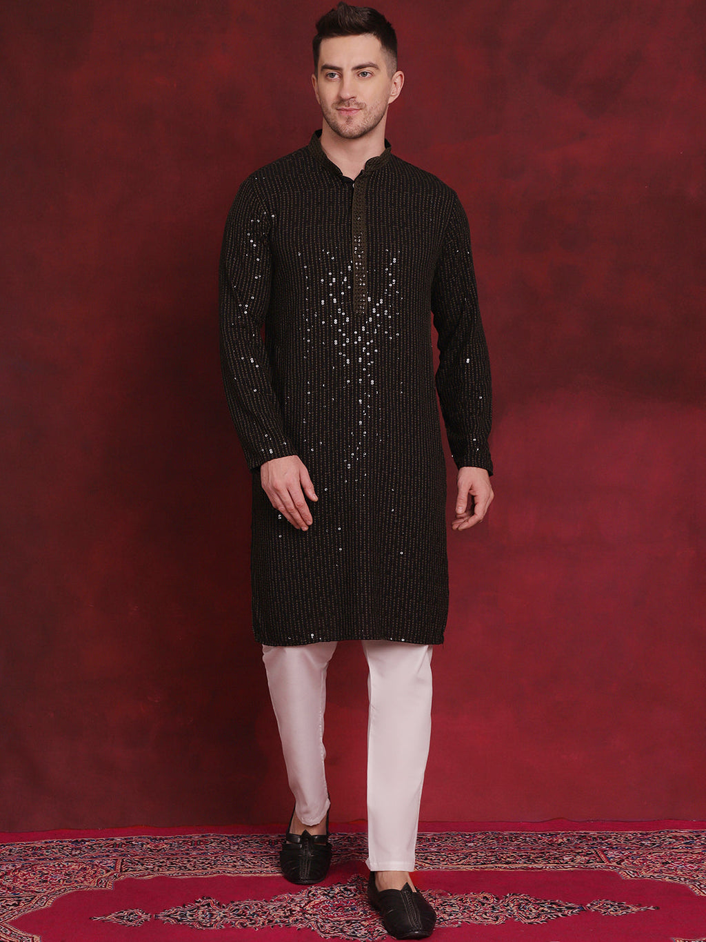 Jompers Men's Sequins Chikankari Embroidered Kurta with Pyjama - Olive