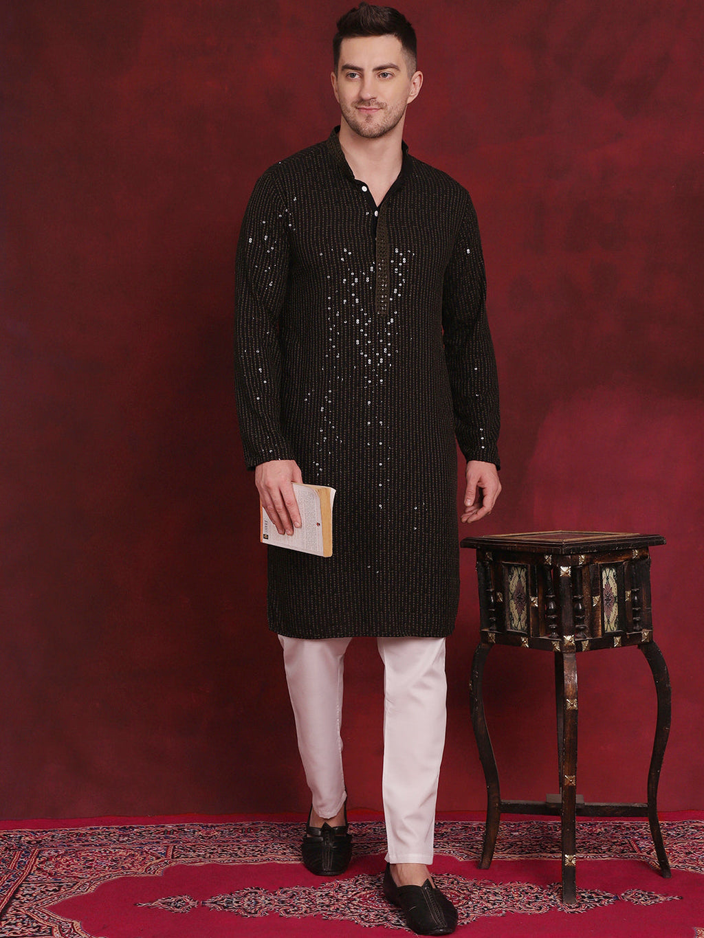 Jompers Men's Sequins Chikankari Embroidered Kurta with Pyjama - Olive